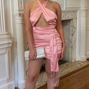 Stylish, fun and flirty satin halter cocktail dress | light pink / size medium